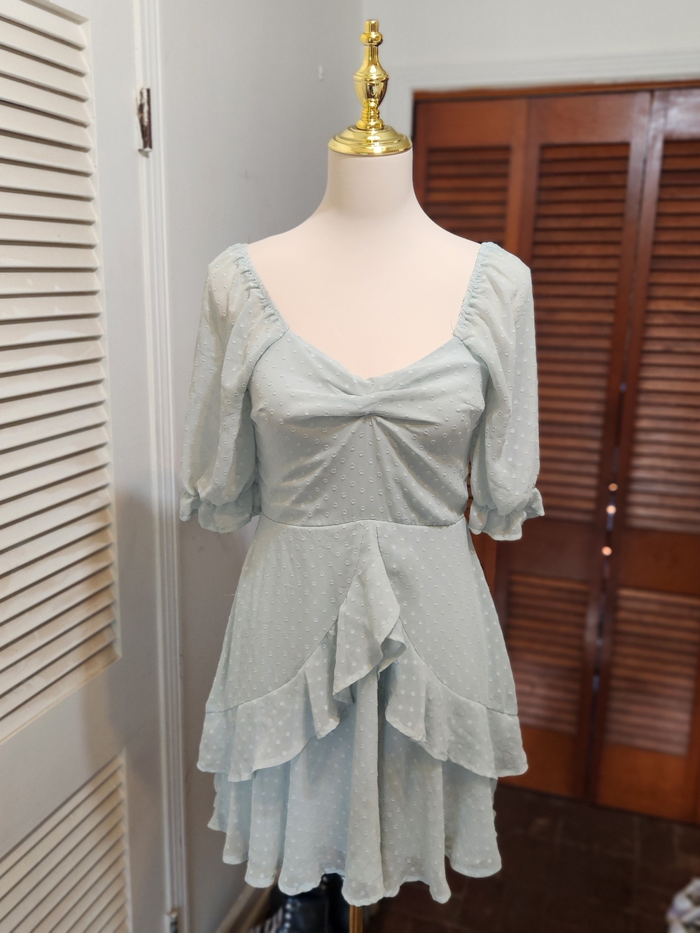 Light Blue Puff Sleeve Ruffle Mini Dress - Picture 8 of 12